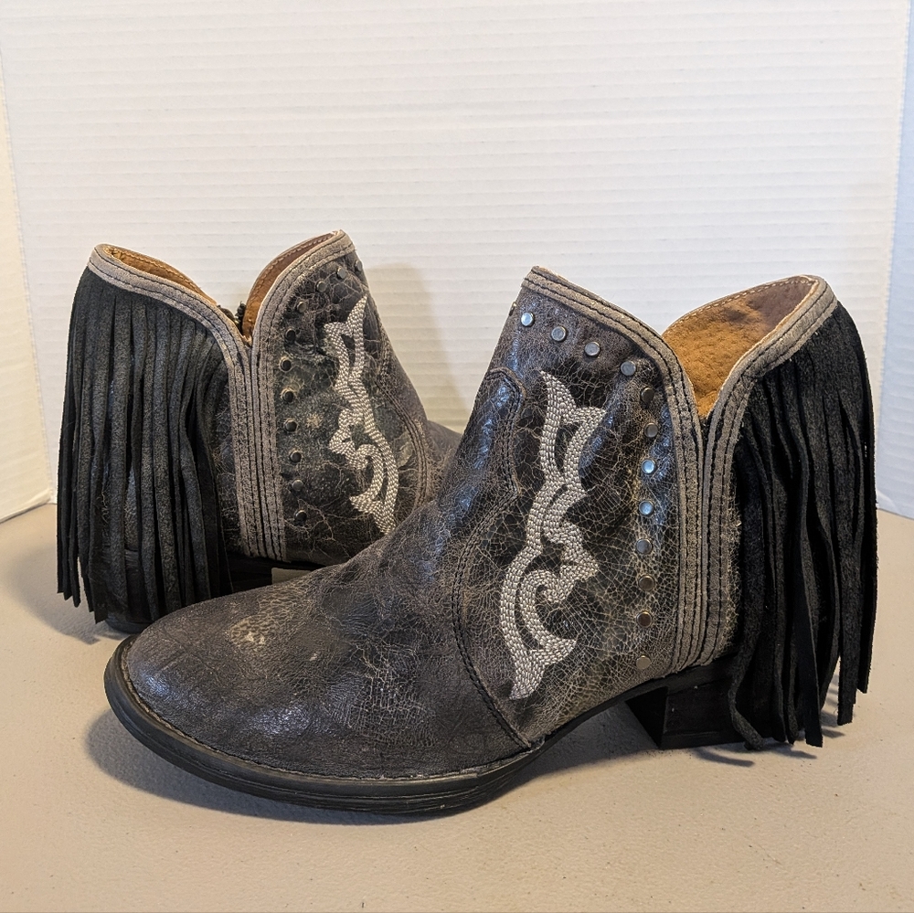 Distressed Fringe Western Ankle Boots Charcoal Black Sterling River Nwt No Box